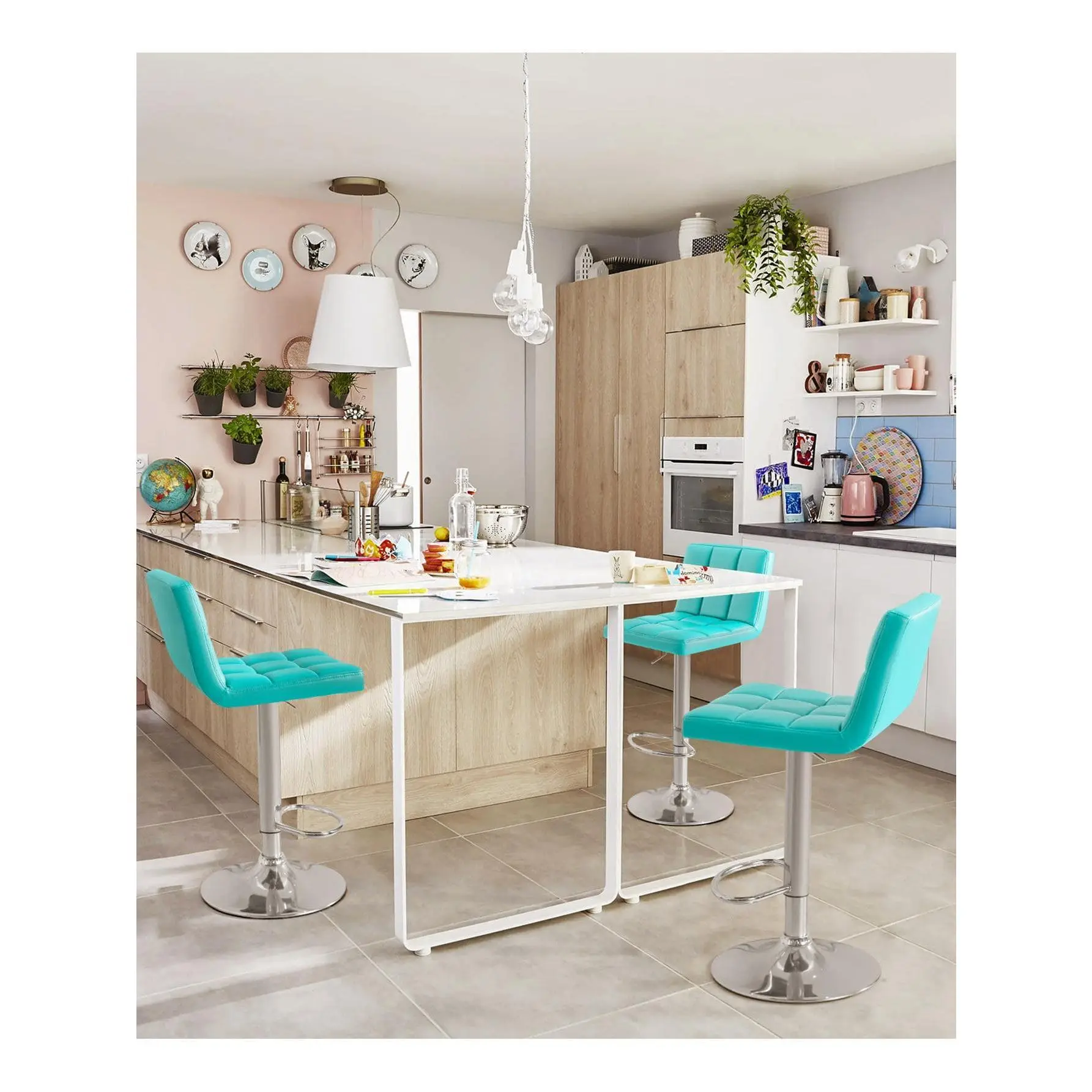 Flamaker Modern Bar Stools Set Of 2 PU Leather Adjustable Swivel Barstools, Armless Hydraulic Counter Bar Stool Leather Extra Height Square Island Barstool With Back