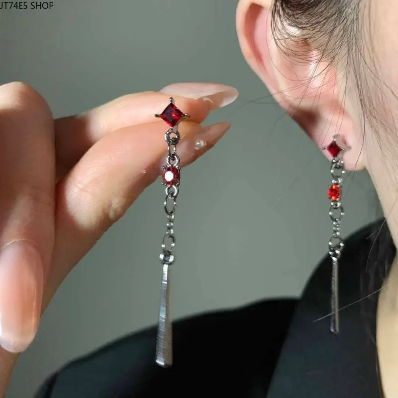 Gothic Pigeon Blood Red Long Water Drop Stud Earrings, Dark Y2K Niche Tassel Earrings