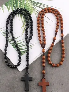 and Wood Bead Rosary Necklace, Cross Necklace Chain, Cross Pendant Traditional Catholic Prayer Beads, Durable Rope, Religious Gift, Easter, Christmas