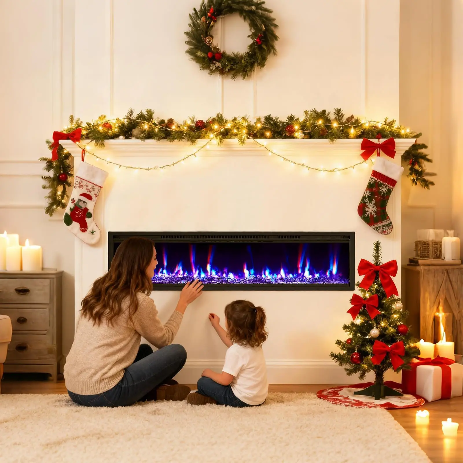 Garvee 60'' Electric Fireplace Wall Mounted with Adjustable Flame Color,Fireplace Heater with Timer and Touch Screen,Linear Fireplace with Remote Control,750/1500W