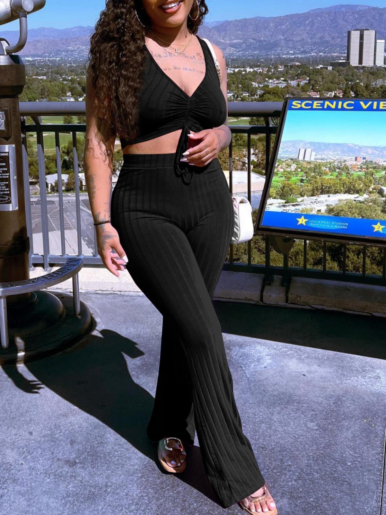 Women's Solid Ribbed Crop Tank Top & Pants Two-piece Set, Casual Fashion Cozy Two Piece Outfits for Daily Outdoor Wear, Ladies Clothes for Summer