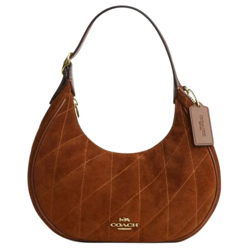 COACH Emily 23 Metallic Logo Suede Crossbody Bag for Women, Medium Size, Warm Brown