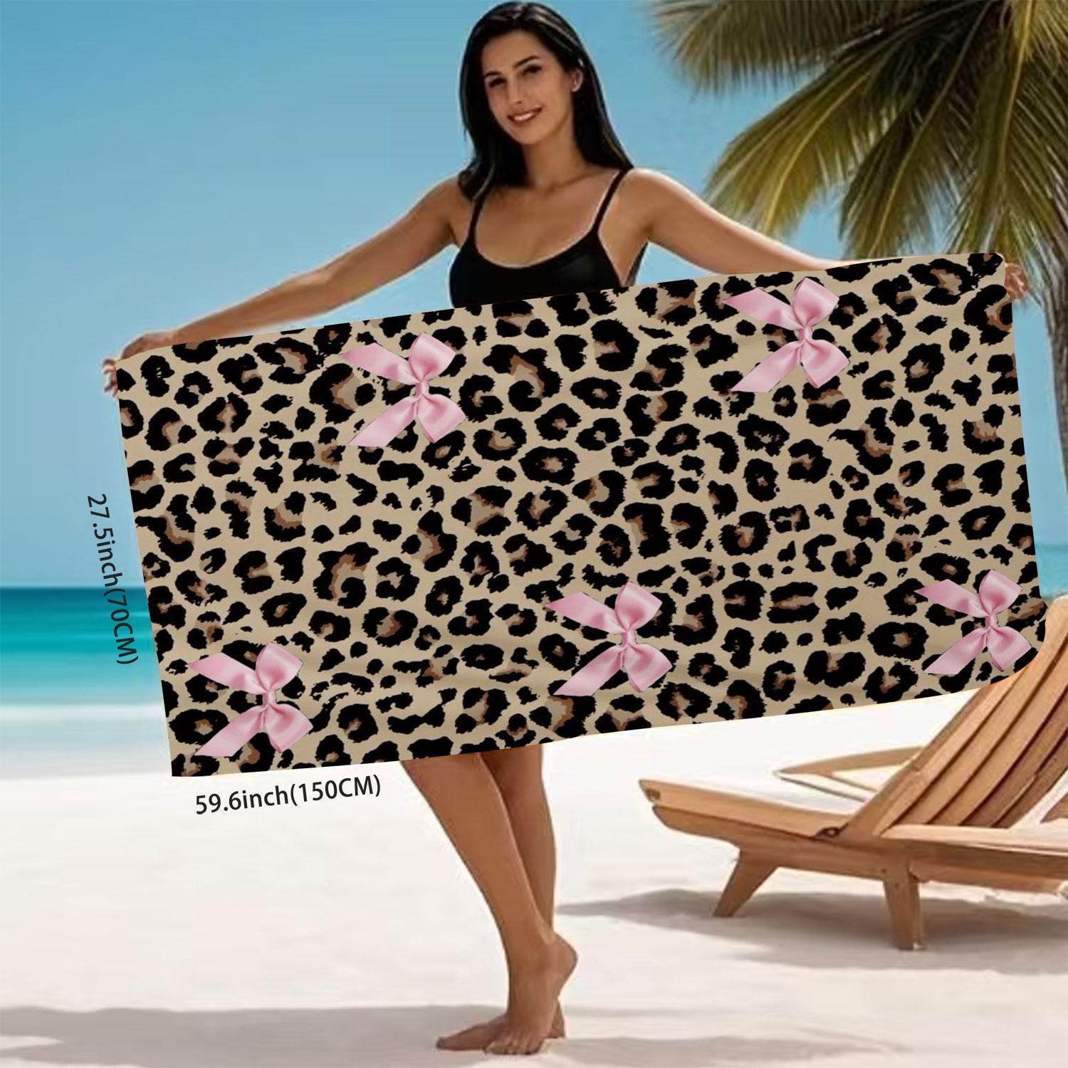 Leopard Print Bow Pattern Beach Towel, Soft Quick Drying Microfiber Towel, Strong Wrap Design for Beach and Pool Use, Soft Absorbent Towel