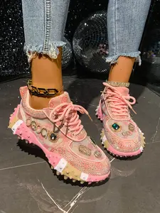 Women's Rhinestone Chunky Sneakers - Full Bling Sparkly Thick Sole Platform Shoes, Lace-Up Casual Party Bedazzled Trainers Walking Shoes