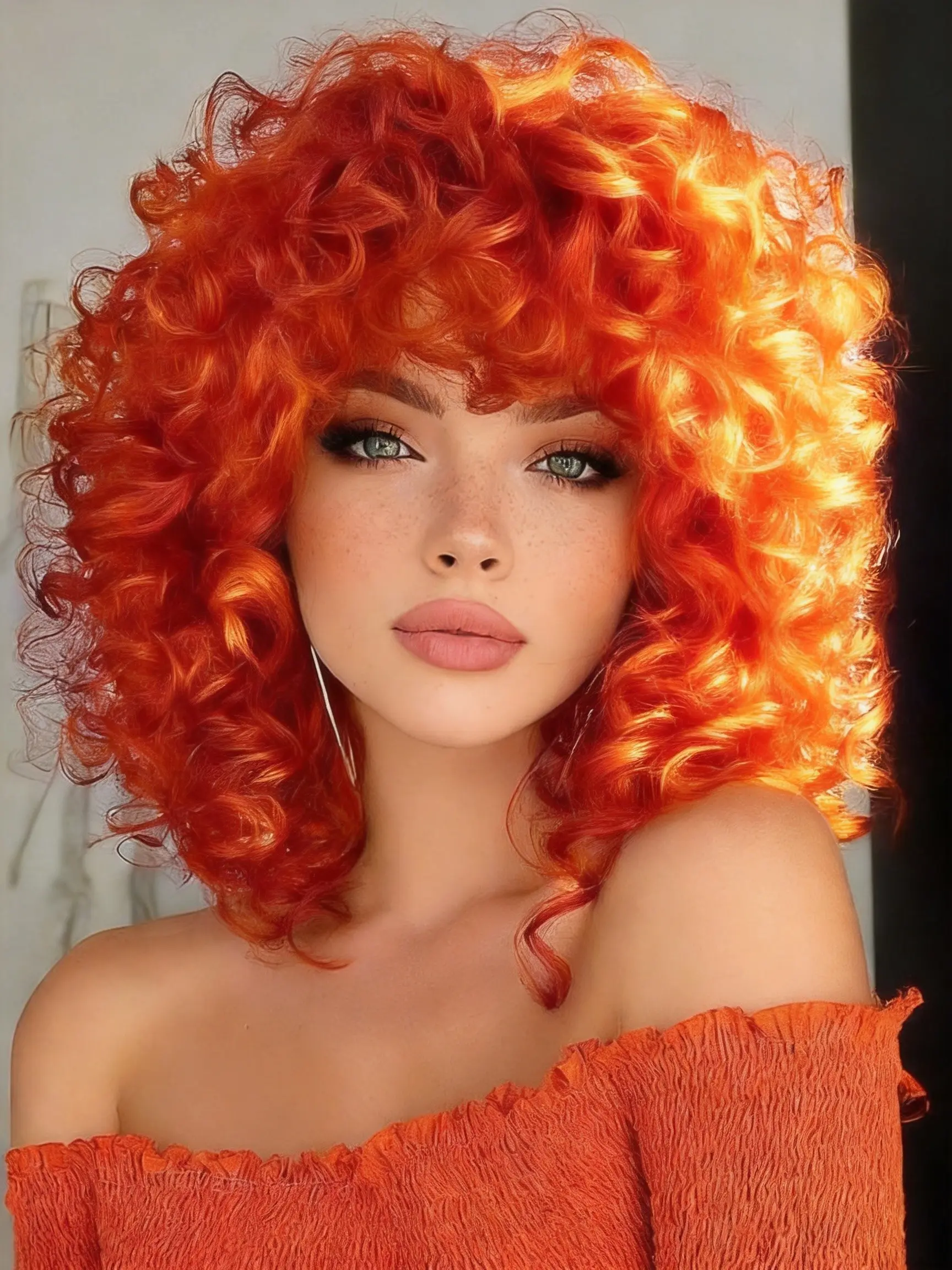 Ginger Fluffy Afro Curly Wig with Bangs, Synthetic Natural Soft Hair Replacement Wig for Women, Daily Cosplay Party Full Head Wig