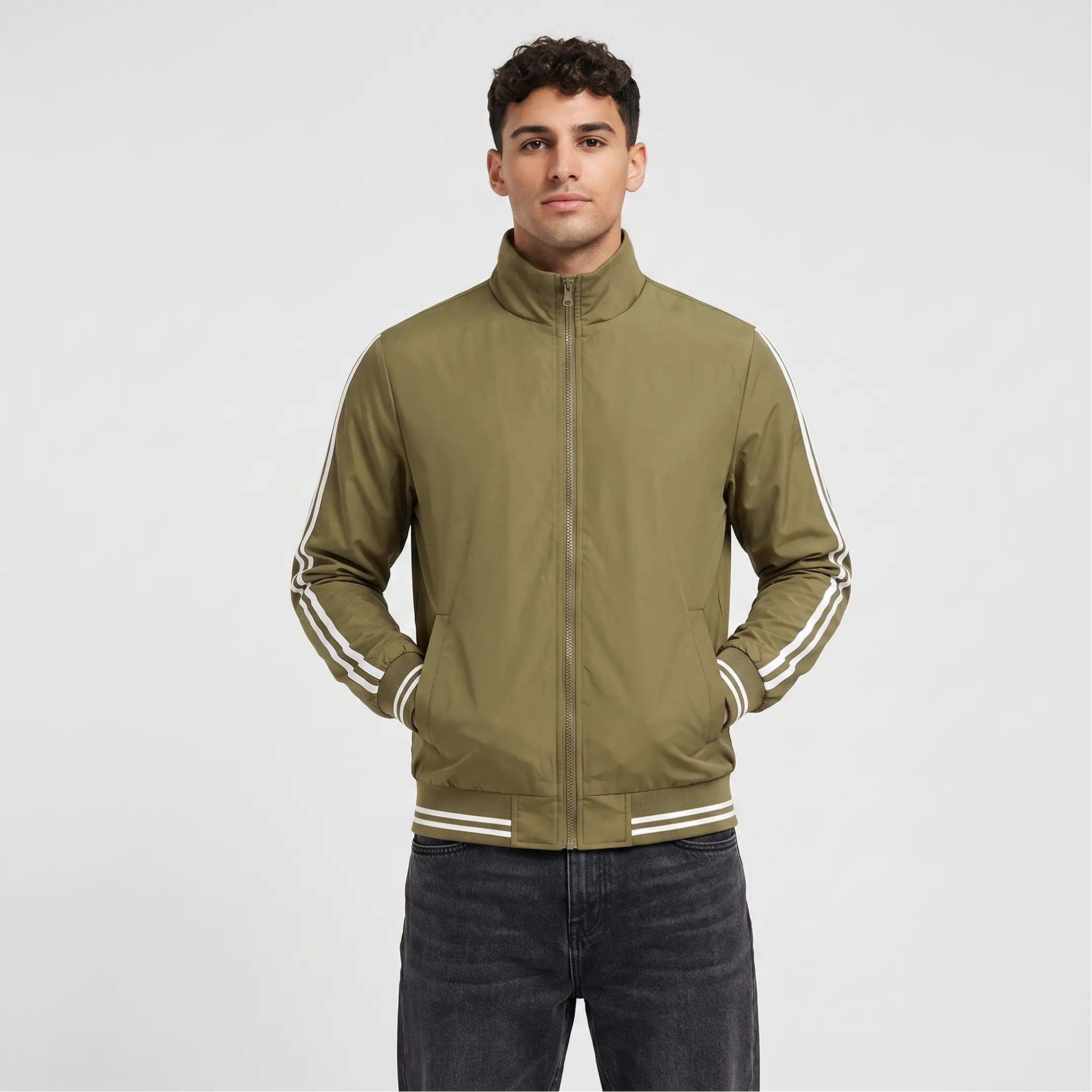 Men's Striped Bomber Jacket - Lightweight Casual Streetwear Top with Zip Front, Ribbed Trim, and Thin Sports Fabric