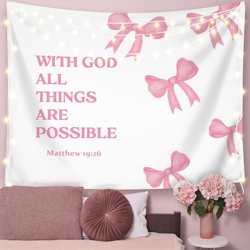 Coquette Pink Bow Christian Tapestry Wall Hanging, Preppy Room Decor, with God All Things are Possible Inspirational Bible Verse Wall Blanket Decor for Girls Room Dorm Apartment, 50x60 Inch