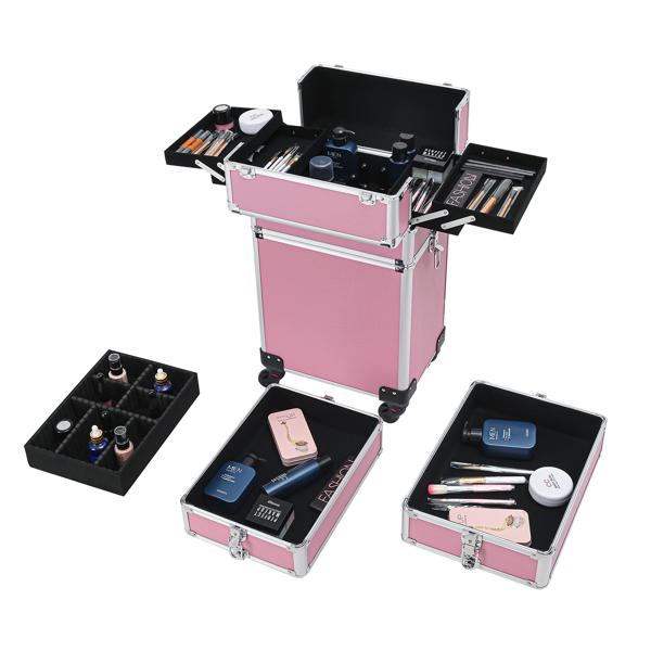 4 In 1 Aluminum Makeup Case Pink, Professional Cosmetic Storage Box for Makeup Tools Brushes and Accessories, Portable Beauty Organizer for Travel and Home Use