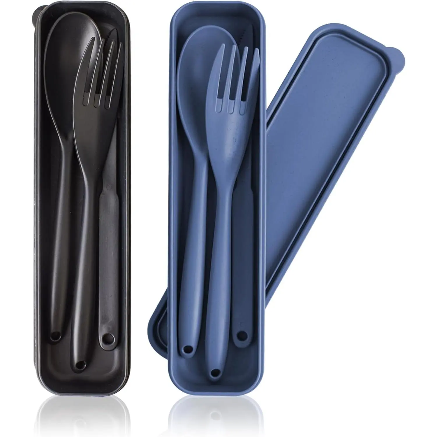 High-Quality Large Plastic Cutlery Set with Case - 2 Portable Modern, Lightweight, Durable Spoon-Fork Sets for Adults, Easy to Clean Lunch Box Accessories (Blue, Black), Hand Wash Safe