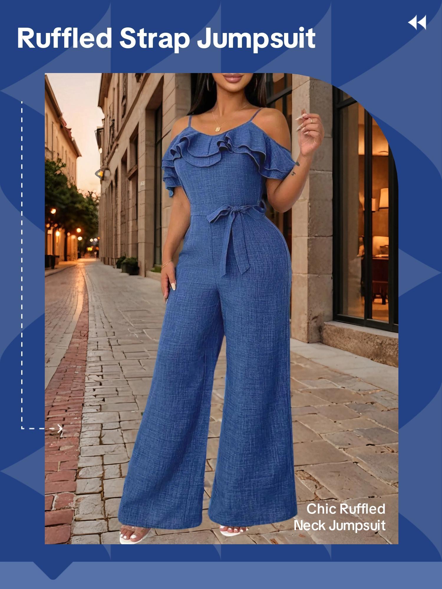 Women's Solid Color Ruffle Trim Jumpsuit, Casual Sexy Belted Jumpsuit for Summer, Women's Jumpsuit for Daily Wear