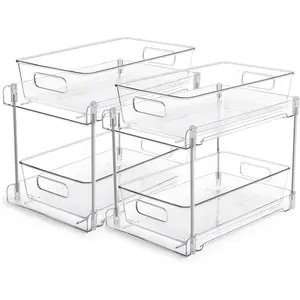 2 Tier Bathroom Storage Organizer, 2 Pack Clear Under Sink Organizers Vanity Counter Container, Cabinet Drawers Bins, Pull-Out Organization with Track for Pantry, Kitchen