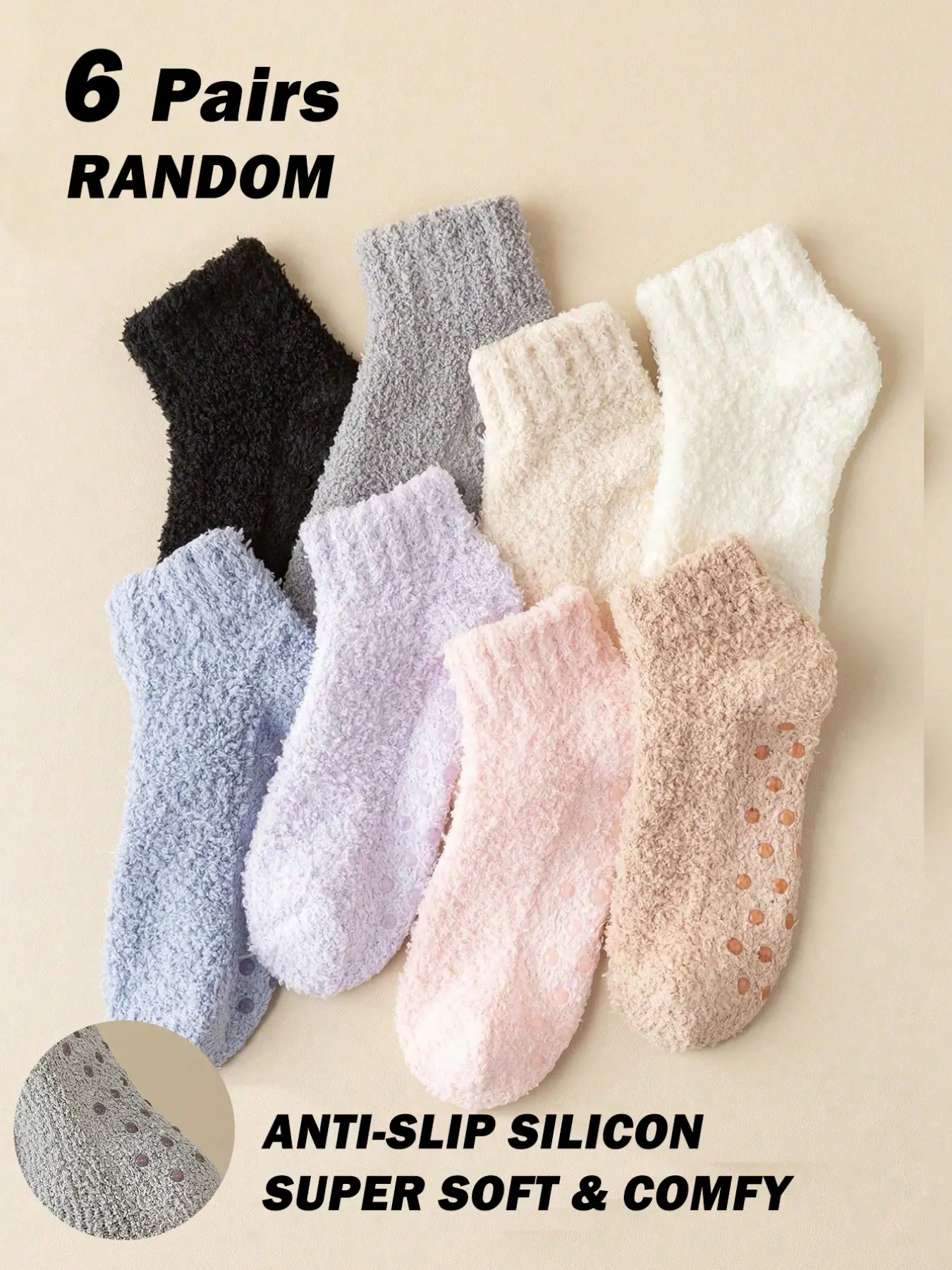 6 Pairs Women's Fall Winter Fuzzy Soft Non-Slip Silicon Socks, Plain Color Cute Style, Warm Comfortable Elastic, Comfy  Indoor Daily Wear, Versatile Minimalist Design