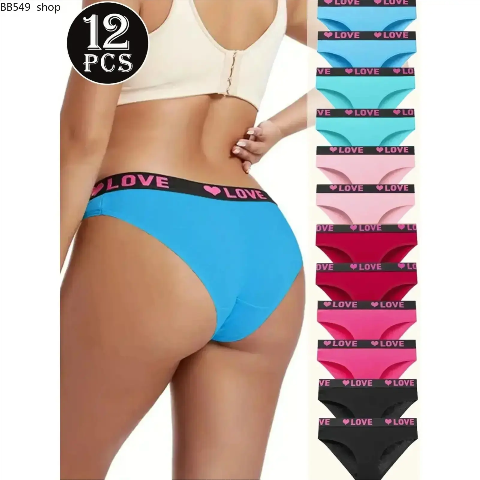 12 Pack Color Block Letter Print Women Underwear, Soft Elastic Breathable Comfort Intimates, Elegant Daily Wear Lingerie, Sweet Romantic Present Gift For Ladies Valentine’s Day