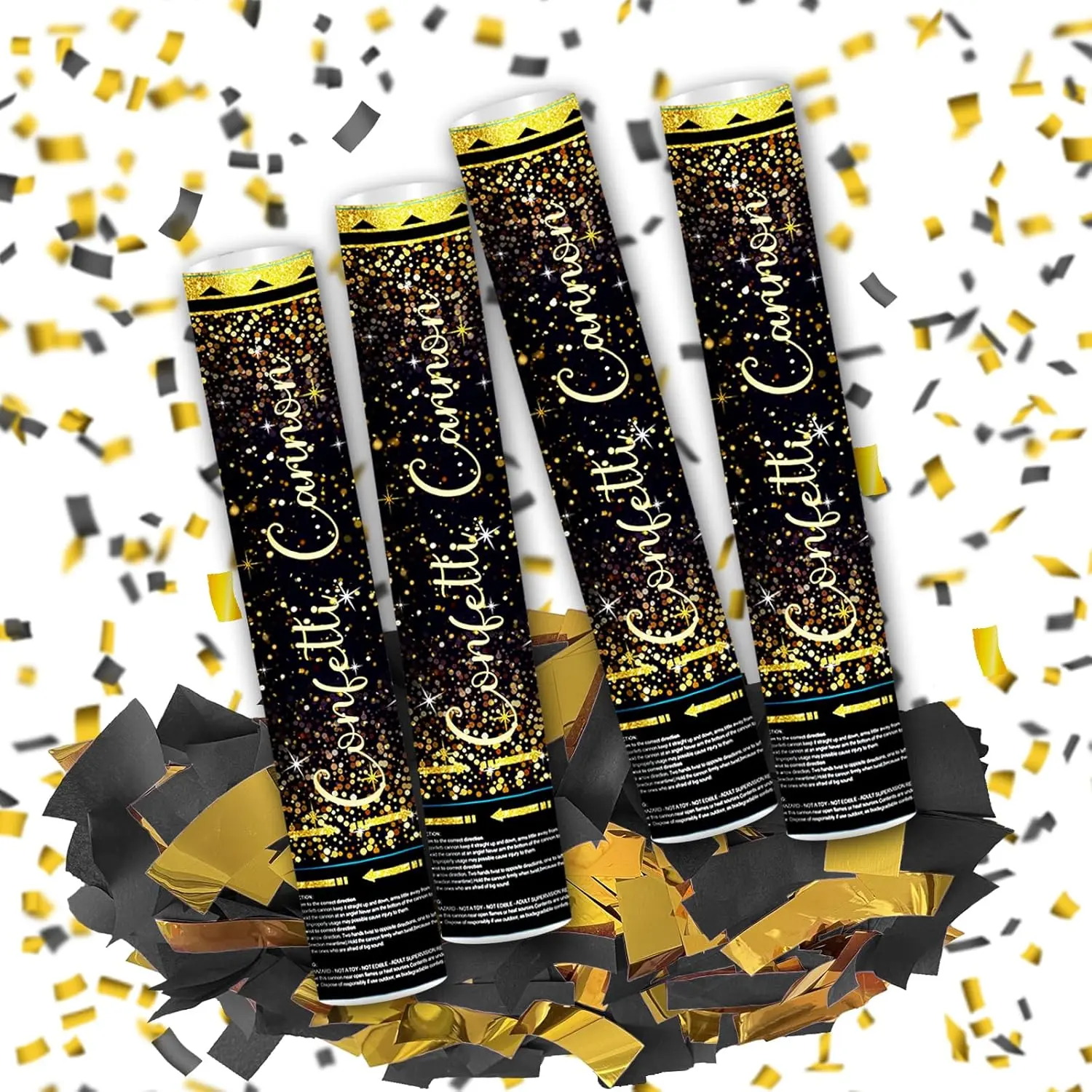 12" Black Gold Confetti Cannon Party Poppers for Birthday Graduation Wedding Retirement New Year Celebrations Easy to Use Black Paper and Gold Foil Confetti Pack of 4