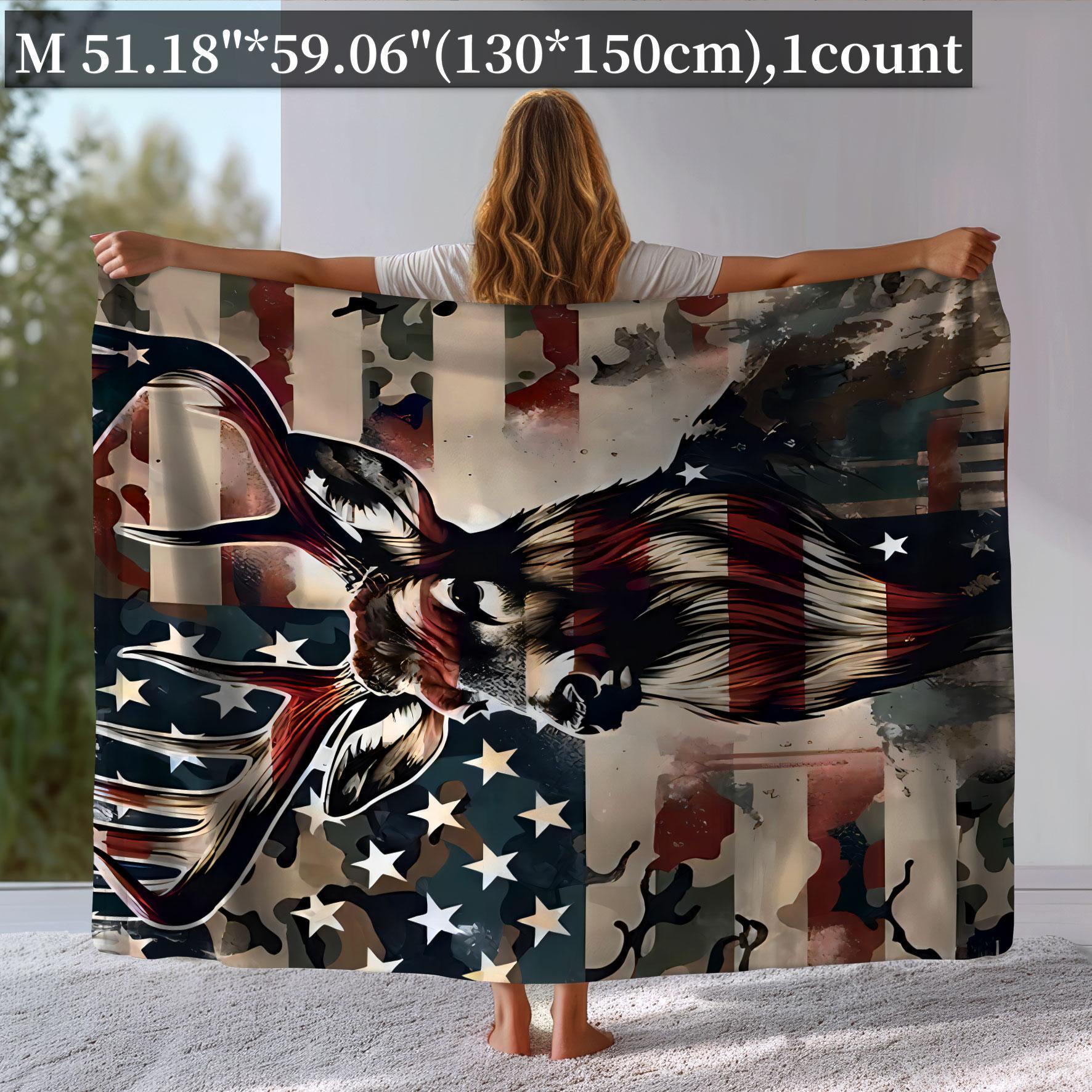 Deer & American Flag Pattern Blanket, 1 Count/2 Counts Soft Warm Throw Blanket, Air-conditioned Room Accessories Blanket for Home Office Travel Camping, Cozy Chic Blanket