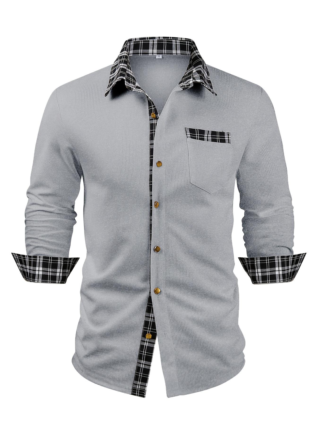 Men's textured waffle grid splicing grid metal design button long sleeved outdoor casual shirt