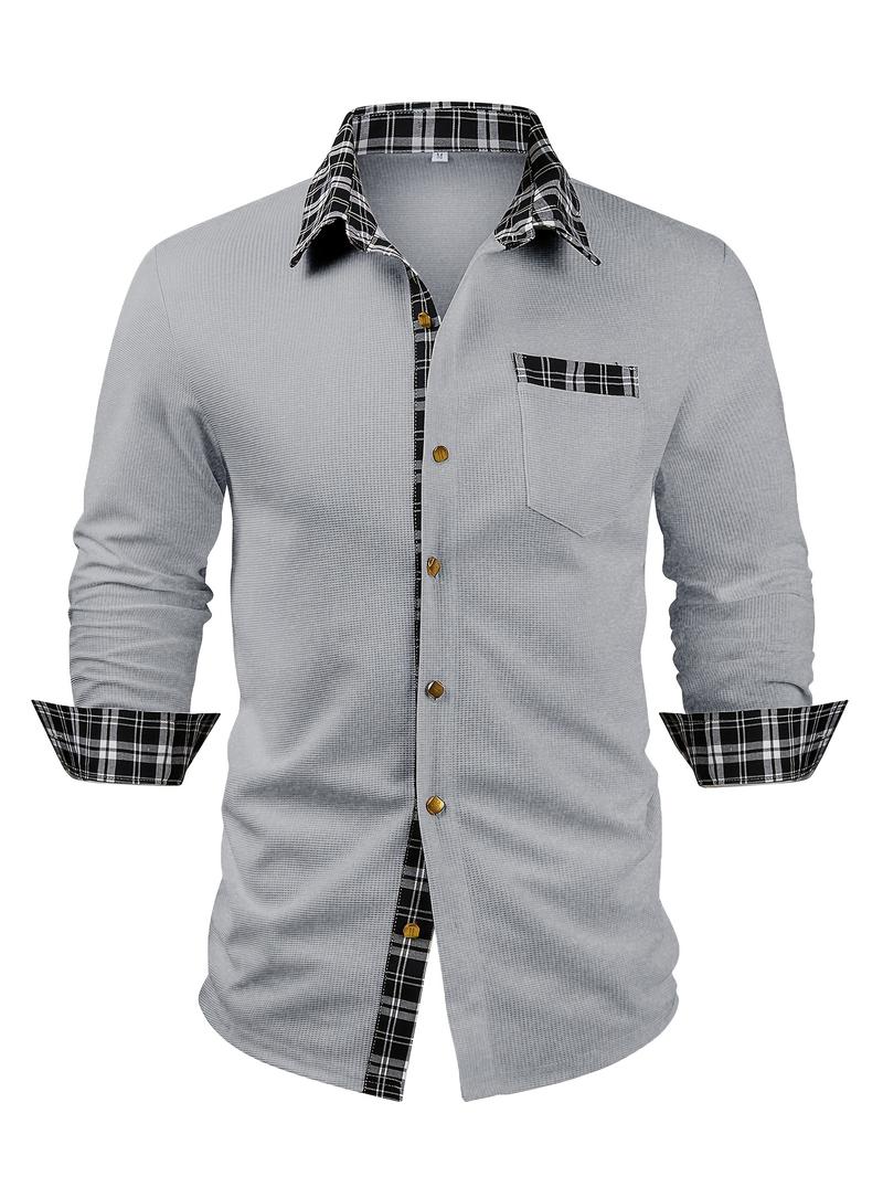 Men's textured waffle grid splicing grid metal design button long sleeved outdoor casual shirt