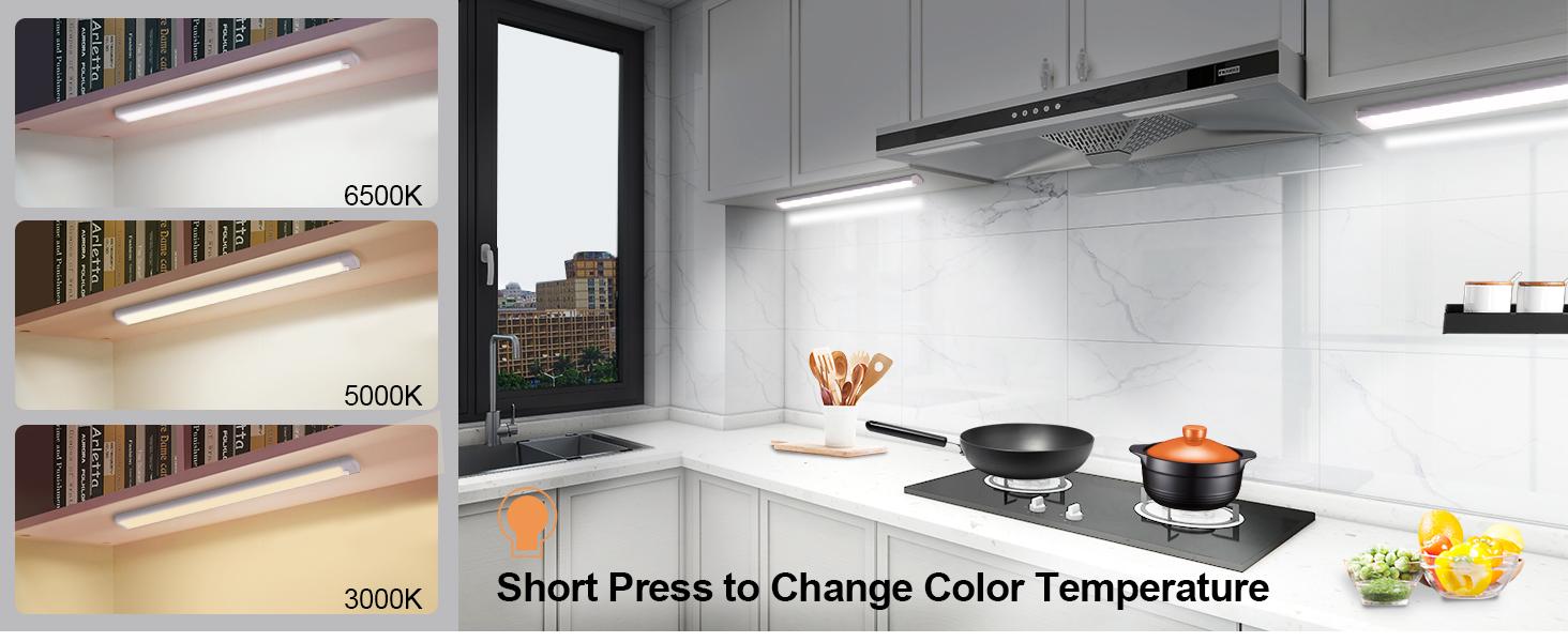 16 inch Under Cabinet Lighting 120 LEDs Motion Sensor USB-C Rechargeable 3 Color Temps Dimmable Wireless Kitchen Closet Magnetic Lights Bar for Night Stairs 6 Pack Indirect Lighting Wardrobe