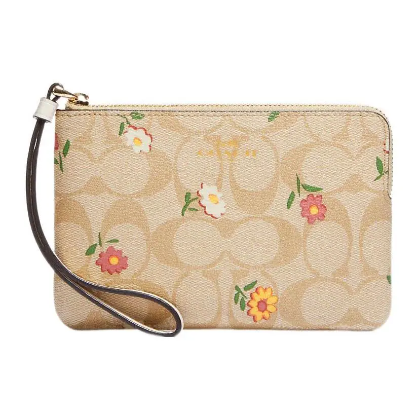 COACH Corner Zip 16 Wristlet Clutch Bag for Women – Classic Floral Print Coated Canvas and Smooth Leather, Light Khaki