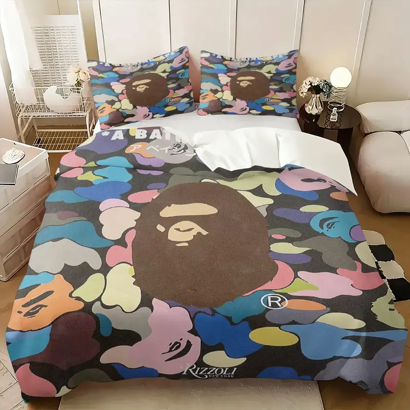 BAPE Multi-Color Camo Kids 3-Piece Bedding Set, Soft & Durable Fabric, Playful Rainbow Camouflage Print, Street Style Bedroom Decor for Kids, Ideal Gift for Young Streetwear Enthusiasts