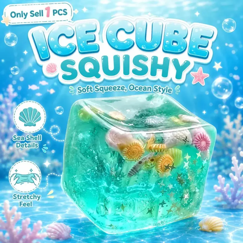 Ice Cube Cube Fidget Toys - Sensory Toys for Kids with Real Sea Shells, Squishy Fidget Toy for Kids & Adults| Non-Toxic Squeeze Ball for Anxiety, Focus, Stress Relief Fidget, Sensory Stress Reliever, Squeeze Ball Hand Toys, Stretchy Fidgets Toys