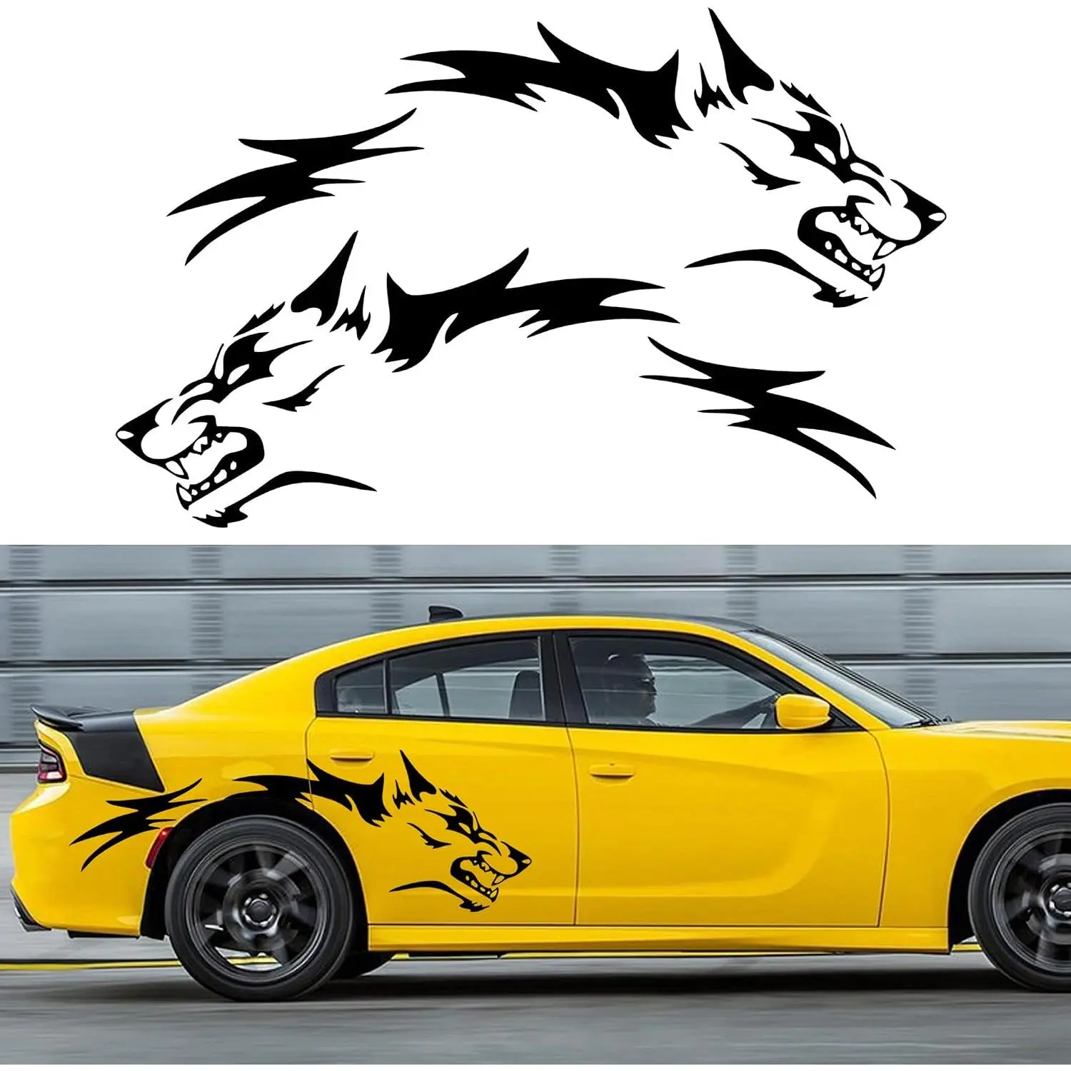 50'' 2Pcs Wolf Car Sticker Decal  Car Body Side Stickers Auto Wolf Graphics Racing Sports Stripes Stickers  SUV Off-Road Vehicles Car Hood Trunk Universal Waterproof Vinyl Sticker (Black)