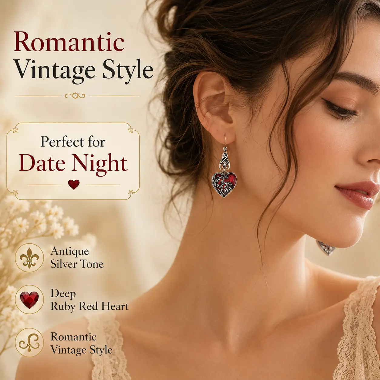 Women's Vintage Romantic Red Heart Dangle Earrings - Antique Silver-Tone Metal Filigree, 6.15cm Drop, Deep Ruby Sparkle, Lightweight Hook, Comfortable for Date Night, Party, Romantic Gifts for Her, Female Fashion Jewelry Accessory, Alloy, Evening, 2.06Cm,