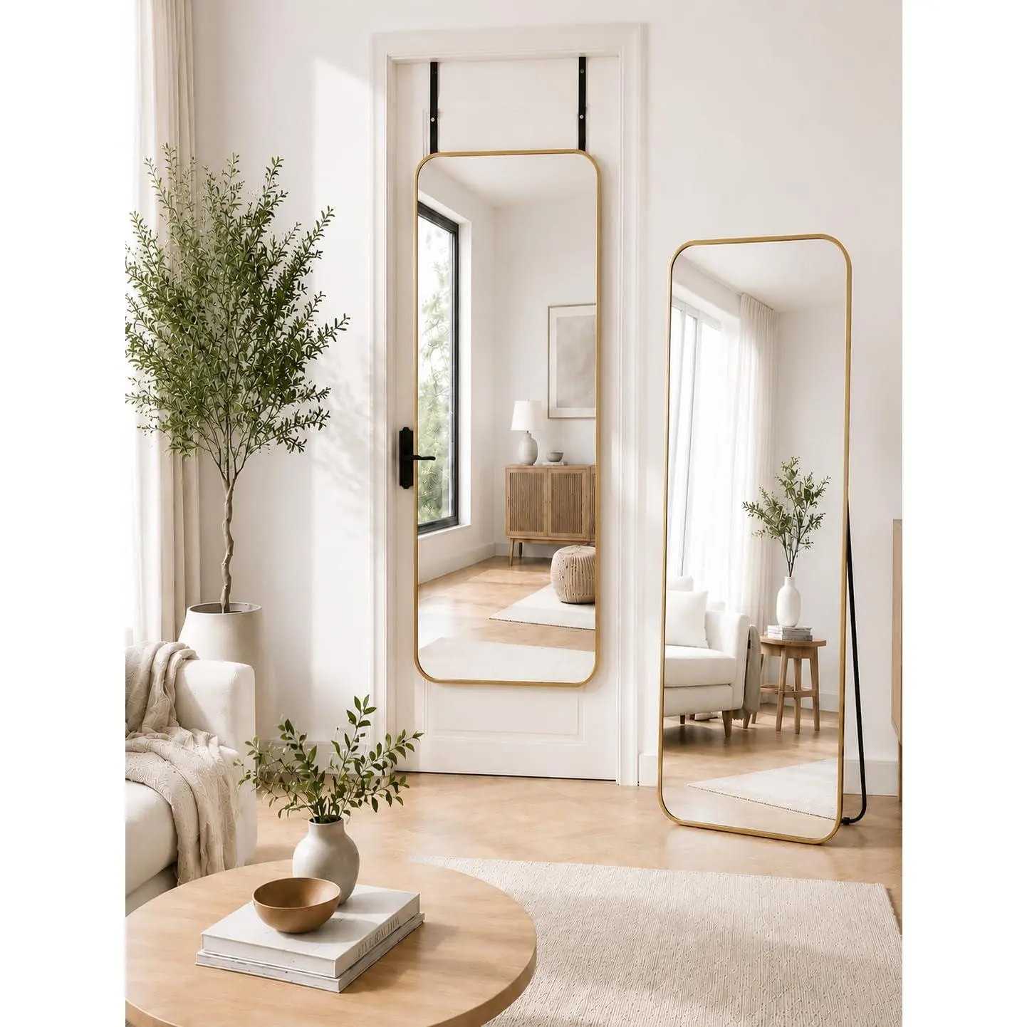 Over The Door Mirror Full Length, 58'' x 21''Wall Mounted  Mirror,  Alloy Frame, Shatterproof Glass, No Drill Installation for Bedroom, Closet, Bathroom, Dorm, Round Corner,