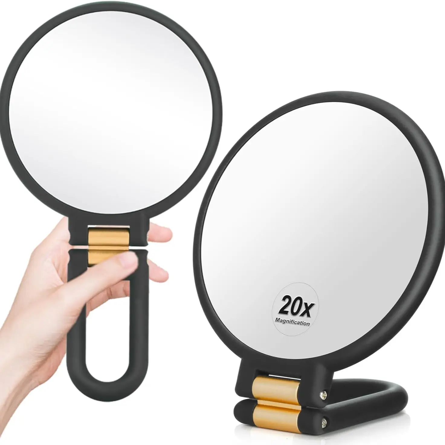 1x 20x Magnifying Travel Mirror, Hand Mirror with Handle - Double Side Hand Held Mirror with 1x 20x Magnification & Foldable Handle, Portable Travel Makeup Hand Mirror for Women Gifts (Black)
