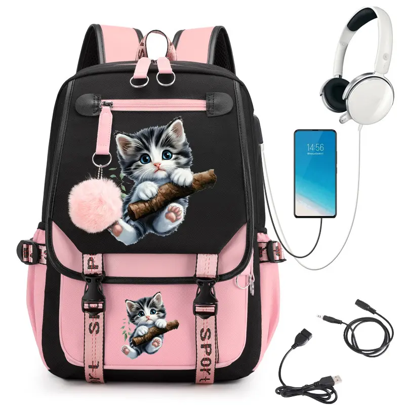 Cute Cat Character Backpack, Black & Pink Graphic Print Student Bag, Large Storage Campus Backpack for Boys Girls, Fashion Daypack