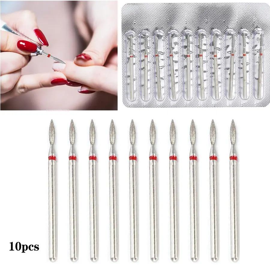 10pcs Diamond Cuticle Drill Bits, Flame Design for 3/32'' Electric Nail Files - Odorless, Precision Manicure & Pedicure Tools, Manicure Accessories with Red Accents, Nail Drill Set, Manicure Supplies, Nail Care, Nails Supplies