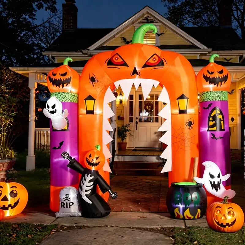 10FT Tall PVC Spooky Blow Up Pumpkin Decor, LED-Lit Holiday Decoration, Indoor/Outdoor Halloween Front Porch Lawn Garden Decor, Festive