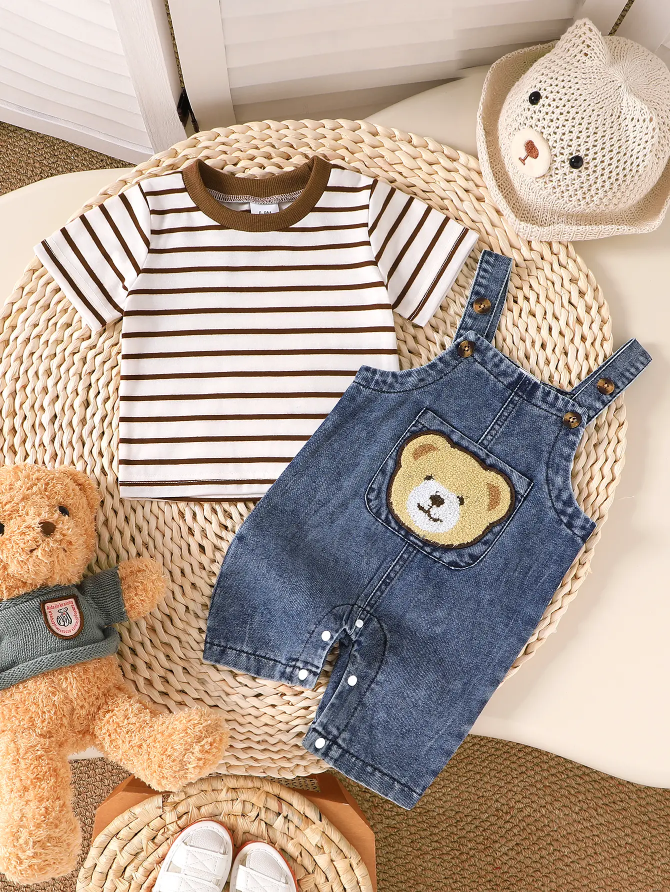 Baby Boy 2-Piece Gift Set - Bear Embroidered Patch Pocket Denim Jumpsuit & Textured Striped T-Shirt, Soft Casual Fashion Outfit, Suitable for Everyday Wear, Vacations