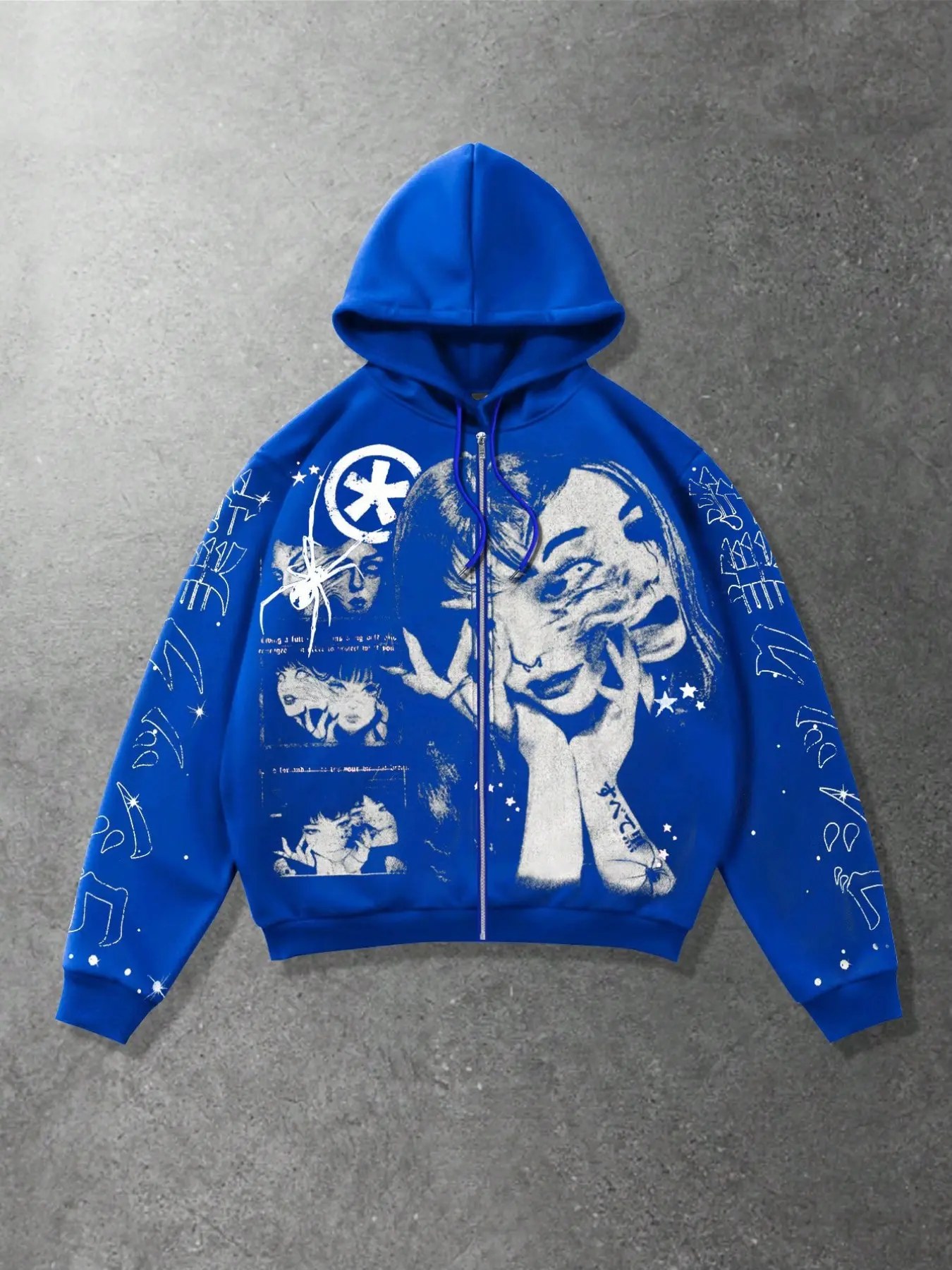 [Zip-up Hooded Sweatshirt] Streetwear Trendy Anime Patchwork Girl Print Full-width Print Long-sleeved Cardigan Jacket with Spider, Five-pointed Star, and Side Symbols. Loose, Comfortable, Unisex, Casual, Trendy, and Versatile.