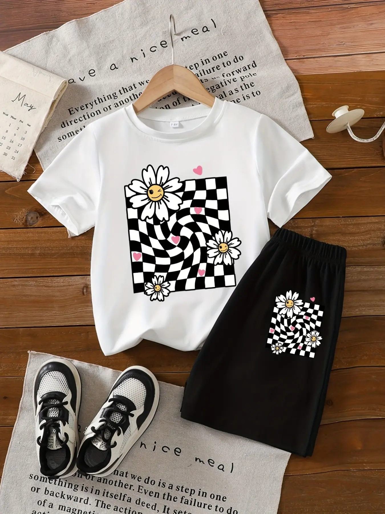 Vintage Cute Daisy Heart Swirl Check Girls 2-Piece Outfit, Polyester Spandex Stretch Relax Fit Crew Neck Tee & Elastic Waist Black Shorts, Little Girls Birthday Gift Outfit, Backyard Daily Walking Wear, Trending TikTok Soft Girl Outfit