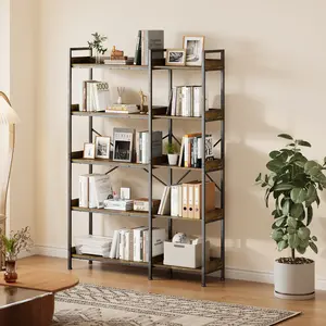 2-in-1 Convertible L-Shape Corner Etagere Shelving Unit in Brown Finish, Heavy-Duty Steel Frame 5-Tier Freestanding Organizer Equipped With Hooks for Home & Office Space Organization