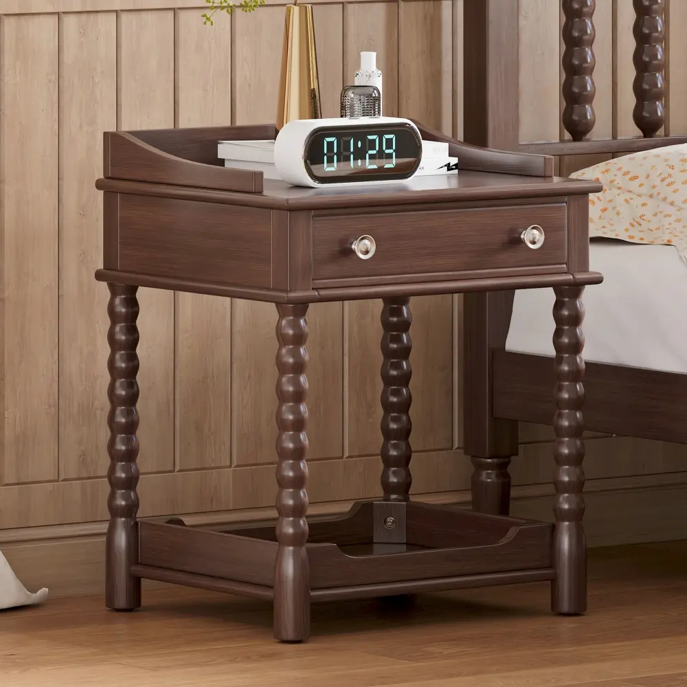 Littleox Retro Style Nightstand with Drawer and Open Shelf for Bedroom, Bedside Table with Turned Legs and Metal Handle,Walnut