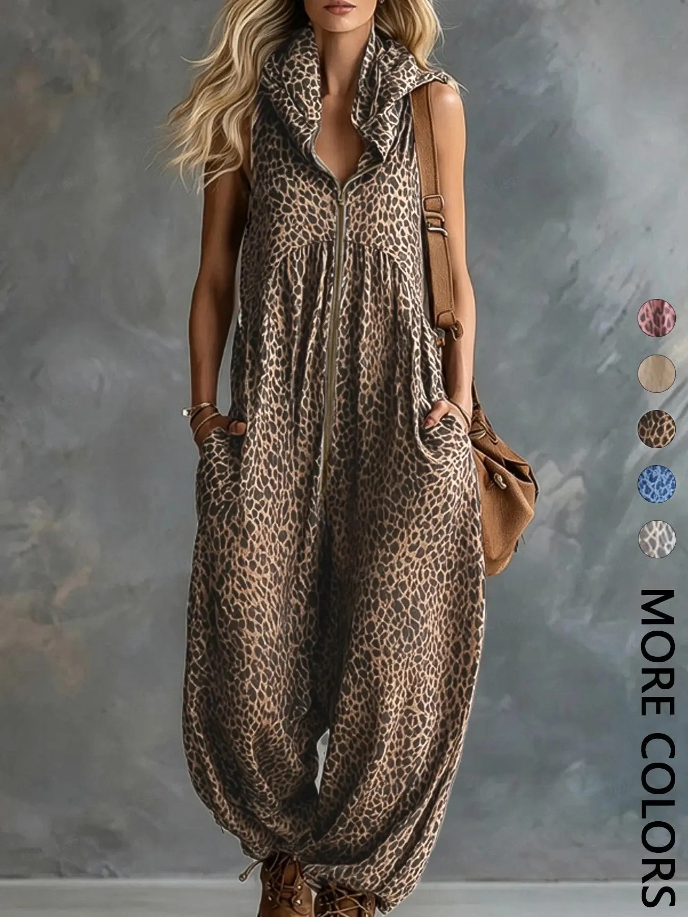 1 Piece Women's Summer Leopard Hooded Zip Up Sleeveless Jumpsuit, Loose Harem Streetwear Outfit