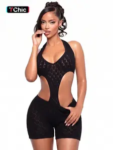 Women's Fashion Chic Aesthetic Halter Neck Backless Slim Fit Lace Romper, Unique Waist Cutout Design, Nightclub Party, Casual Vacation, Date Outing