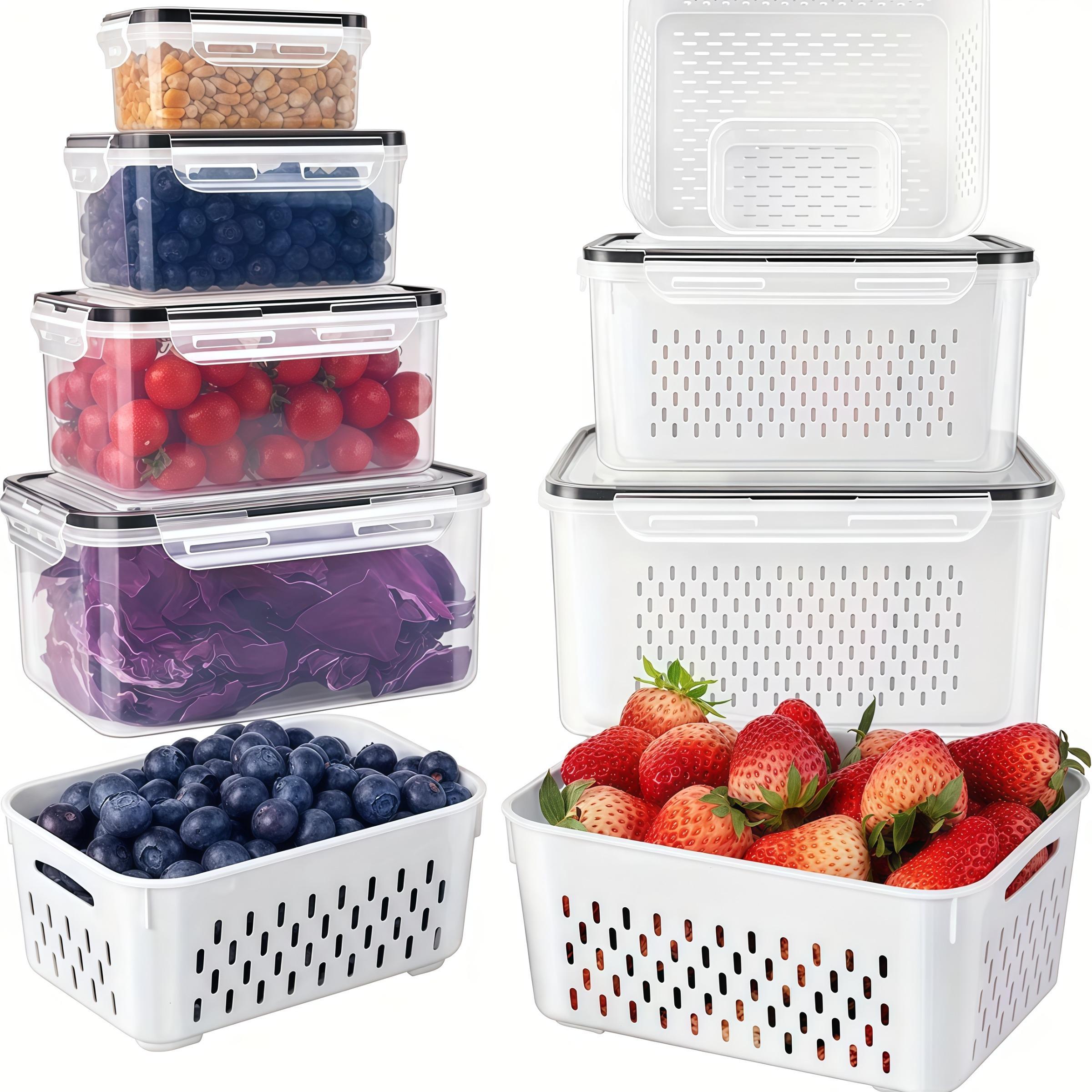 Food Storage Box with Lid, 6 Counts/set Including 3 Reusable Fruit & Vegetable Storage Container & 3 Drainers, Stackable Food Storage Box for, Home Kitchen Outdoor Picnic, Utensils, Stackable Fridge Organizer