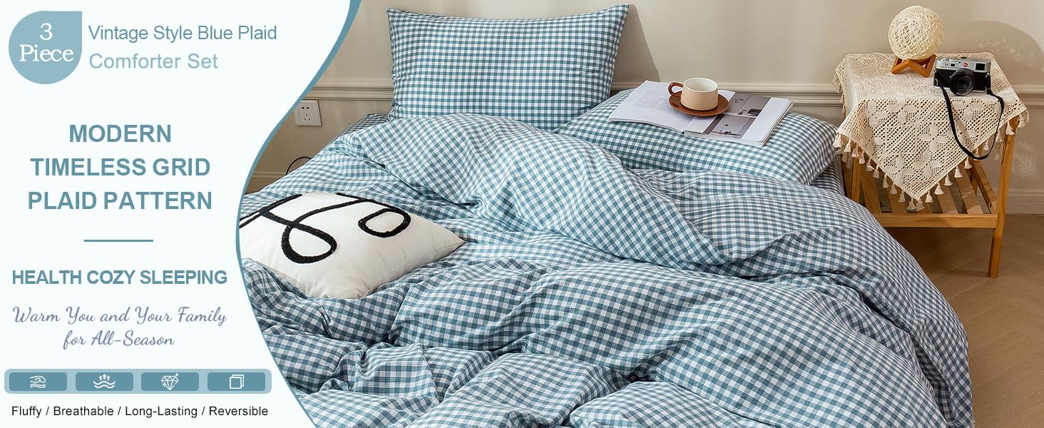 EAVD Blue Gingham Comforter Set Full Soft White and Blue Bedding Set with 2 Pillowcases Grid Comforter Set Reversible Farmhouse Gingham Bedding Set for All-Season