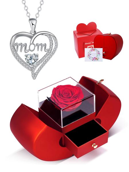 Apple Shape Rose Jewelry Gift Box With Love Heart Mom Pendant Necklace, Anniversary Birthday Jewelry First Mom Gifts for Women Wife, Mother's Day Jewelry Gift for Mom Heart Design Necklace
