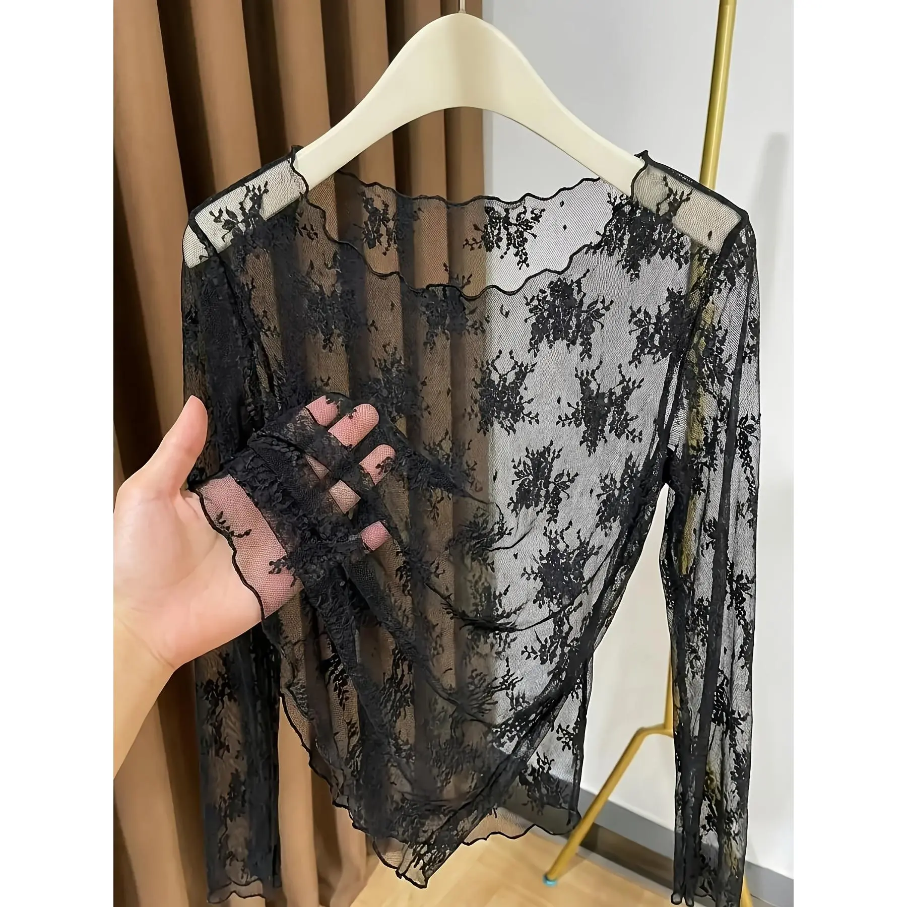 Women's Sheer Lace Long Sleeve Top - Lightweight Mesh Lace Layering Shirt, Wide Neck (for Sports & Outdoor Activities), Lace Top