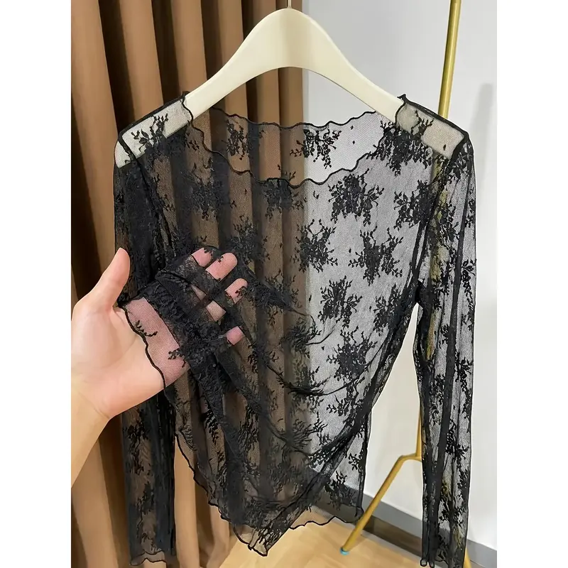 Women's Sheer Lace Long Sleeve Top - Lightweight Mesh Layering Shirt, Wide Neck, All Season Sports & Outdoor Layering Top, Long Sleeve Tops Women