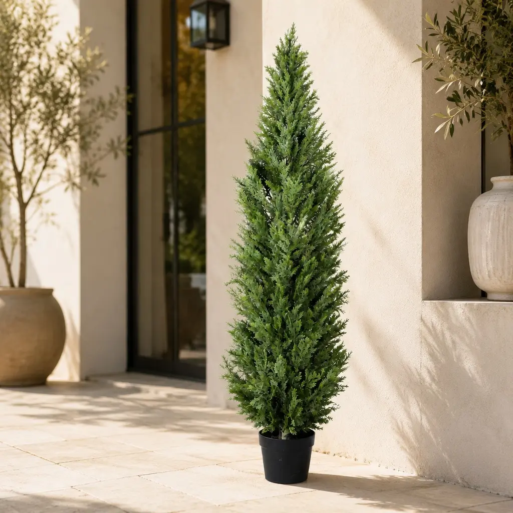 6FT (72in) Lifelike Indoor Artificial Cypress Tree, Sunproof UV-Resistant Topiary Plant with Black Plastic Pot, Compressible 1pc Pack for Backyard, Entryway Decor
