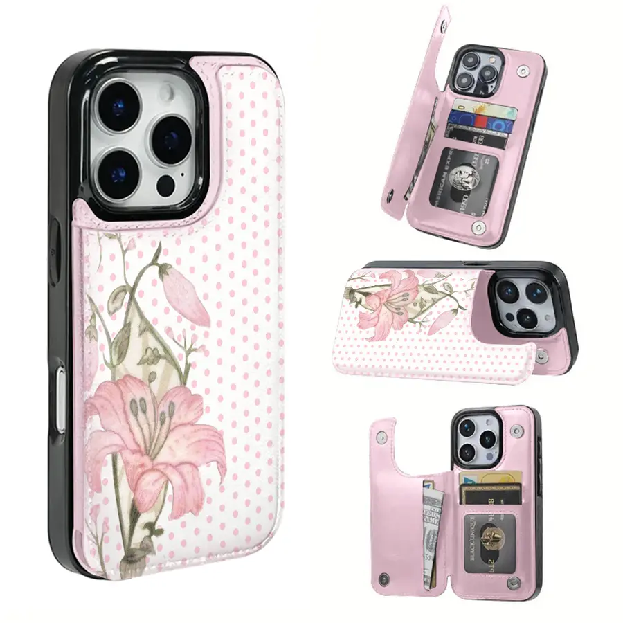 Pink lilies and polka dot background Textured leather phone case with a SIM card slot, compatible with the iPhone 17 Pro Max/Air/16/15/14/13/12/11 series and Samsung S22/S23/S24/S25 series.