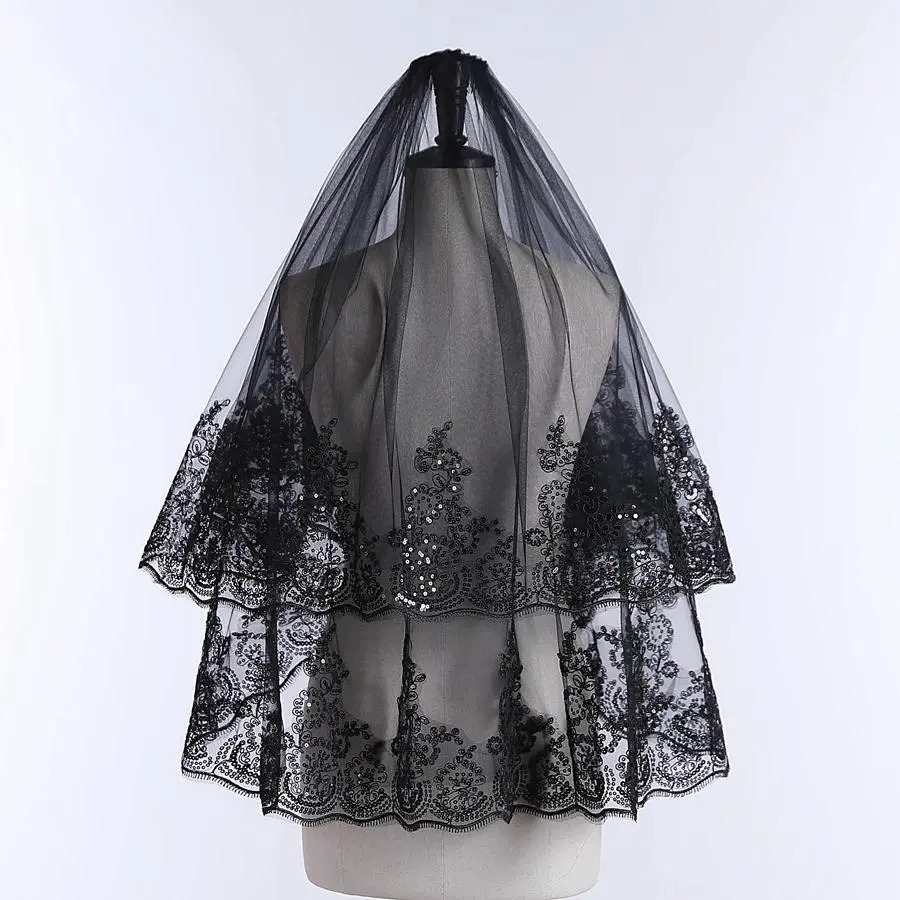 New Arrival Wedding Veil 2 Layers Appliqued Edge Bride Veils Short Black Lace Bridal Veils Boda 2025