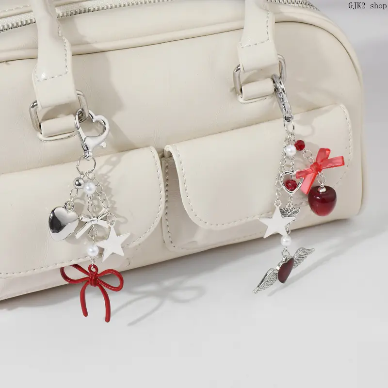 Red Bow Wing Heart Bag Charm & Phone Charm, Silver Star Tassel Keychain Backpack Pendant