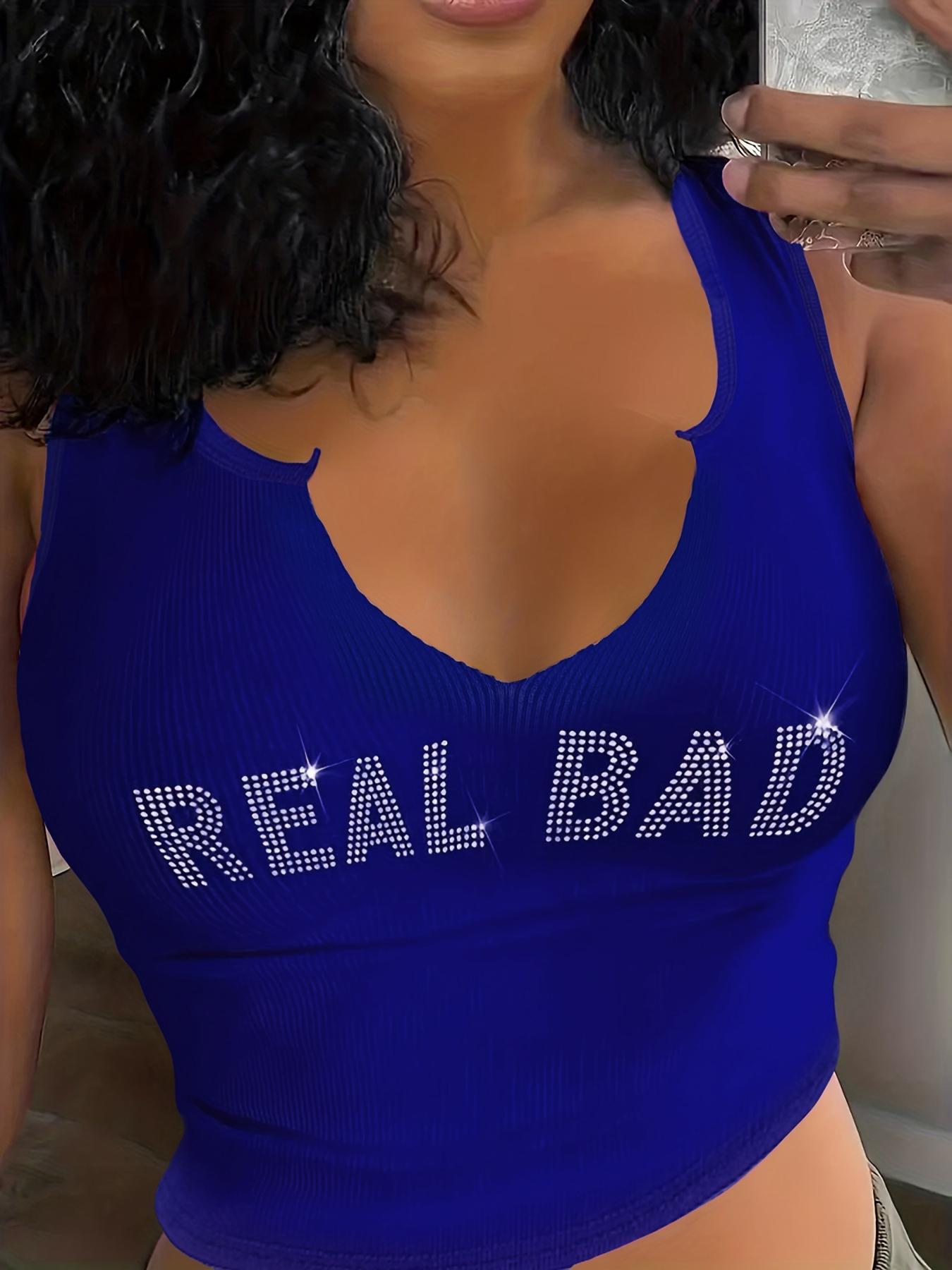 Women's Rhinestone Real Bad Letter Decor Notched Neck Crop Fitted Tank Top, Girly Clothes, Slim, Summer Clothes Women, Casual 2000s Y2k Skinny Streetwear Sleeveless Top, Summer Tops 2025, Downtown Girl Clothes