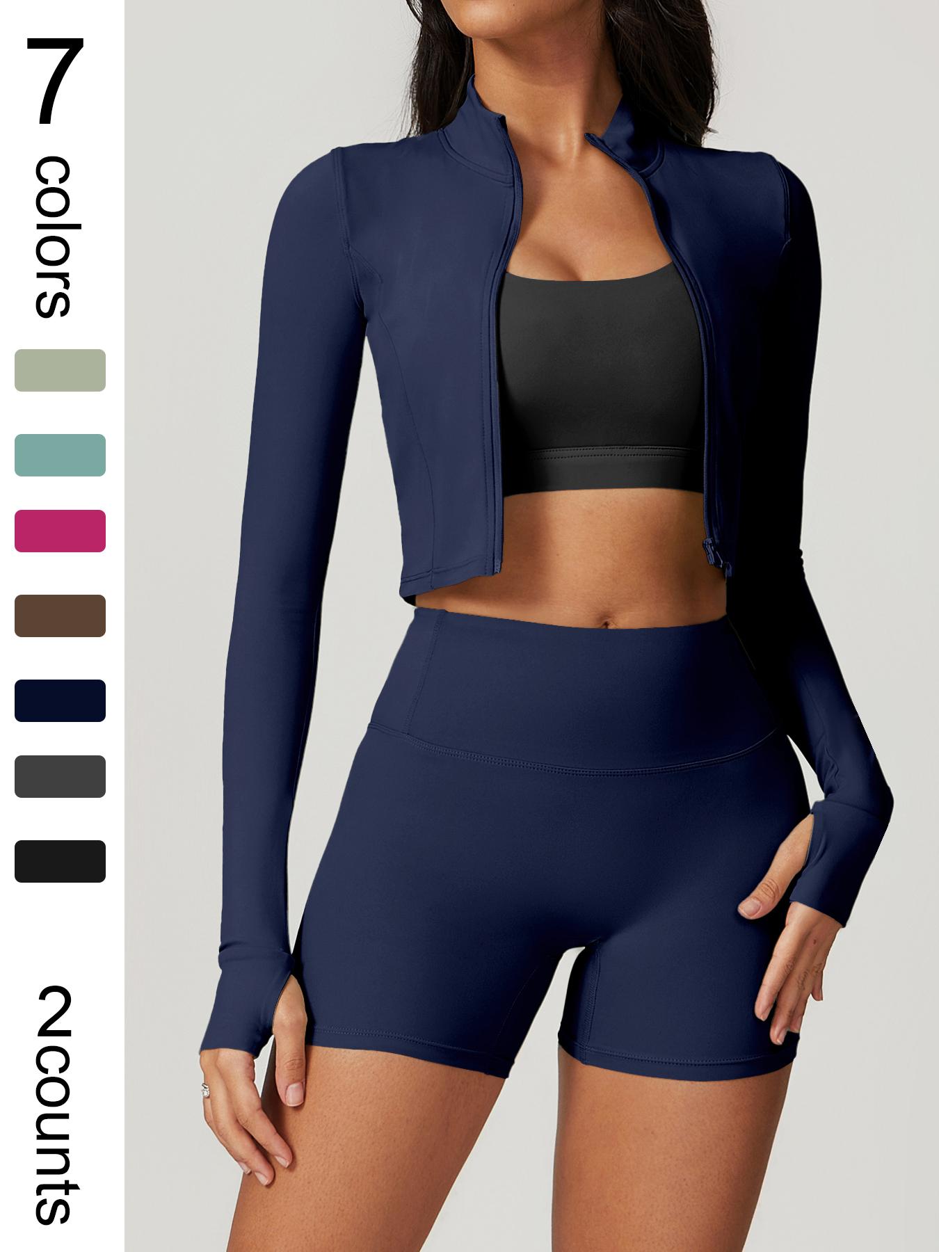 Women's high elastic soft standing neck zipper waist length shaping jacket high waist beautiful buttocks shorts yoga suit set Fitness Outfits Outdoor Running Cycling, Mountaineering Strolling Set Gym Sports Training Fashion Coat Shorts
